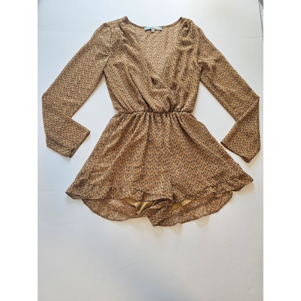 Cecico Romper Womens Small Brown‎ Floral Long Sleeve V-Neck Ruffle Boho Jumpsuit